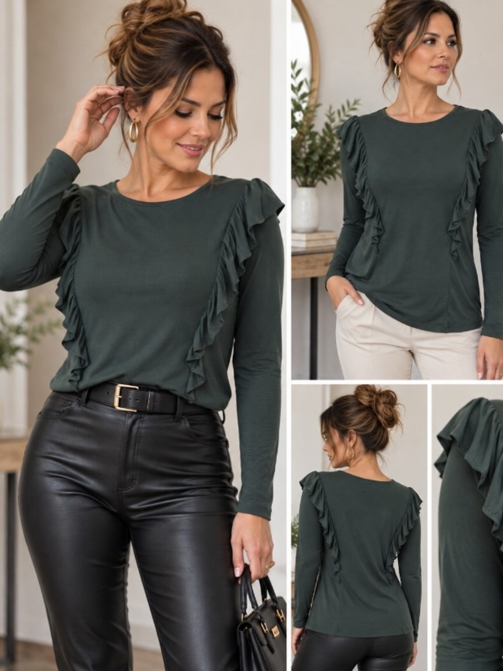 H&M Women’s Large Dark Green Ruffle Long Sleeve Top